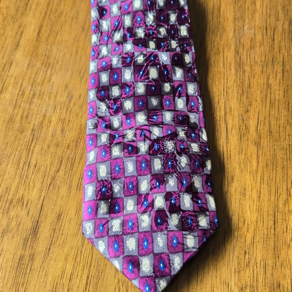 Status‎ Mens Silk Tie Purple Grey Blue Geometric Checkerboard Made in Italy